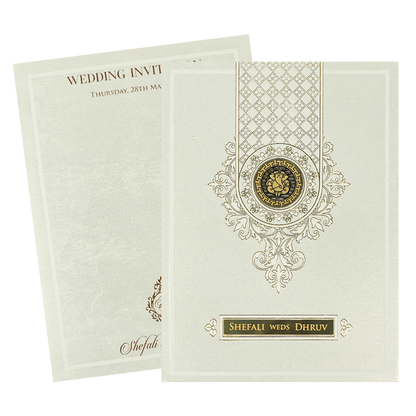 White Ganesha Geometric Padded Wedding Card-KRE28180
