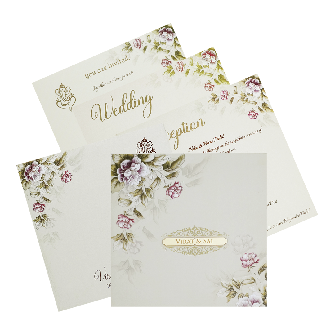 Beige Padded Floral Wedding Invitation Card-King of Cards