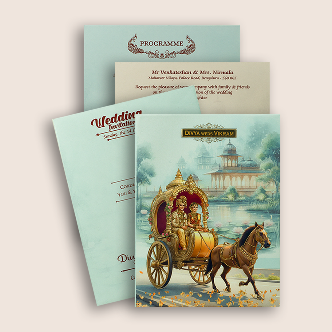 Blue Horse Chariot Padded Wedding Card - KNPS8607