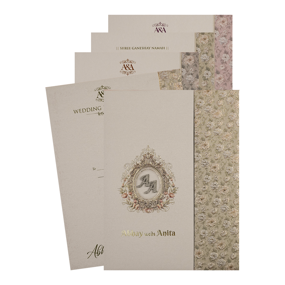 Grey Silver Floral Padded Wedding Card-KSI64240