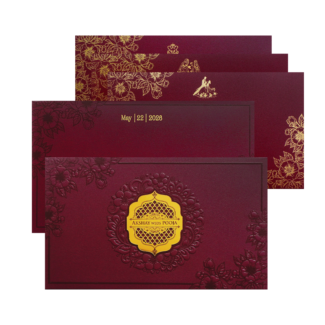 Maroon Embossed Floral Gold Crest Wedding Invitation Card-King of Cards