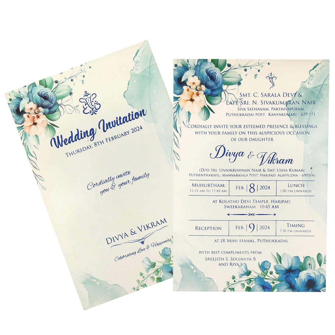 Blue Floral Single Sheet Invitation Card-King of Cards