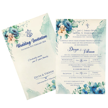Blue Floral Single Sheet Invitation Card-King of Cards