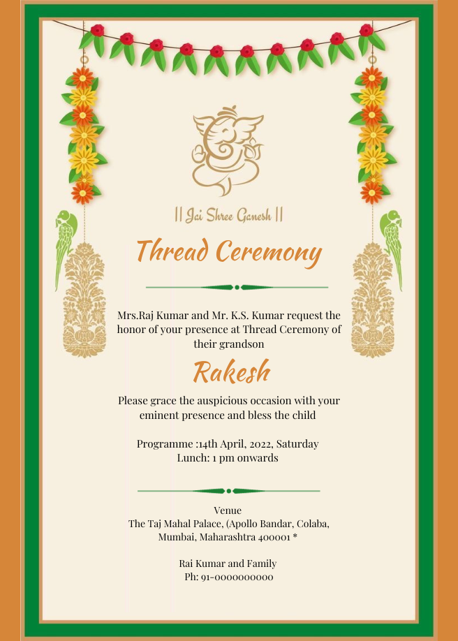 Orange And Green Thread Ceremony Invitation-AATCI001
