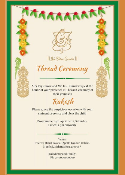 Orange And Green Thread Ceremony Invitation-AATCI001