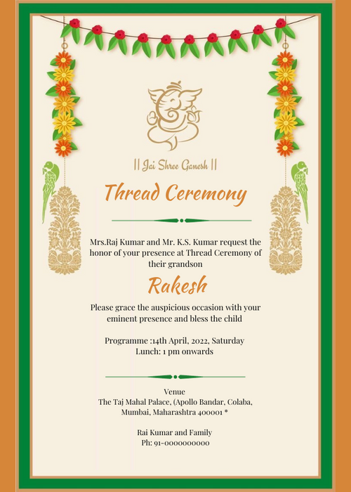 Orange And Green Thread Ceremony Invitation-AATCI001