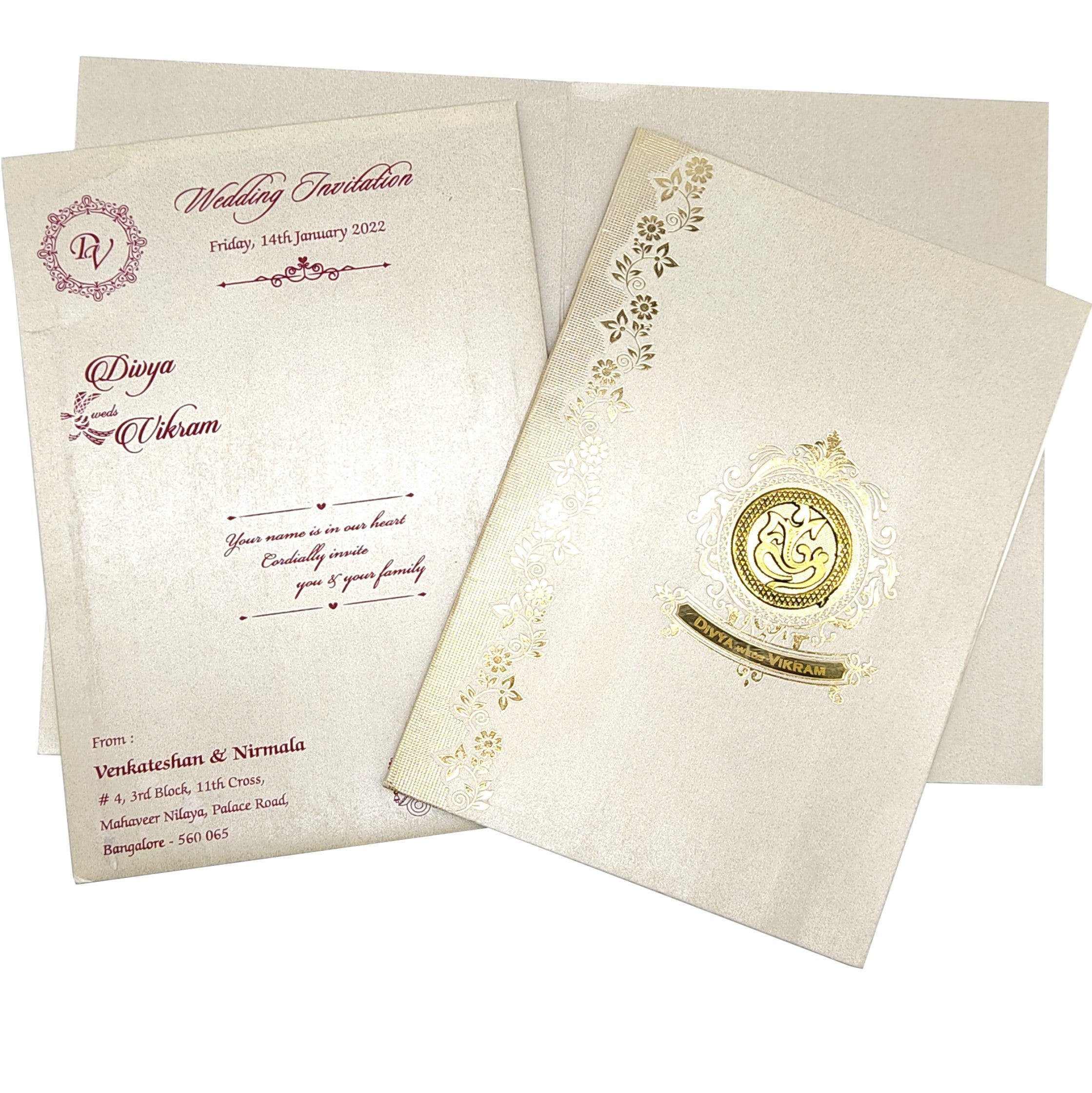 Grey Metallic Floral Gold Foiling With Ganesha And Name plate-KNCM31GS