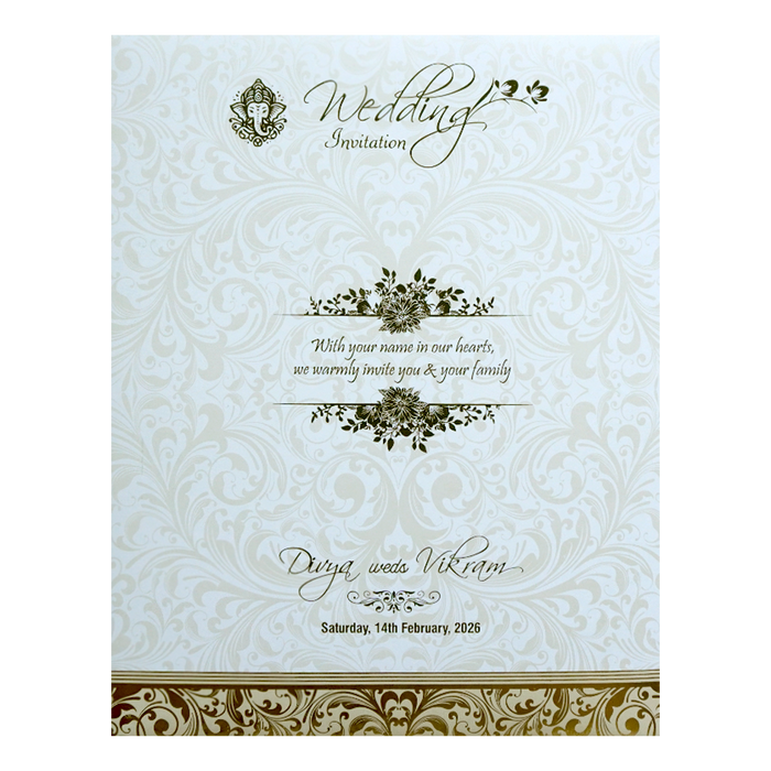 White Jumbo Screen Embossed Floral With Ganesha And Name Plate-King of Cards