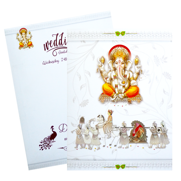 White Classic Ganesha Wedding Card With Doli Baraat-KNK1292-King of Cards