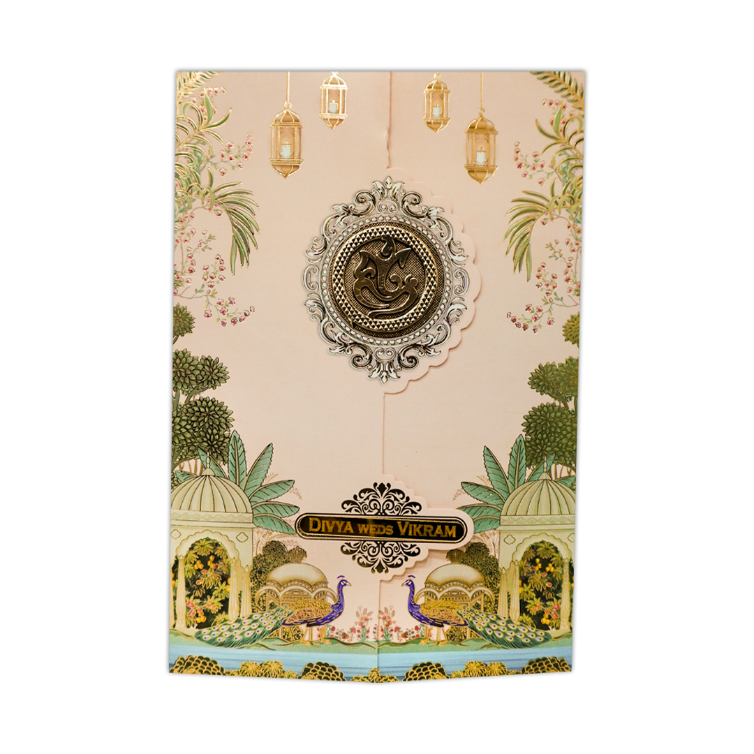 Cream Palace Peacock Wedding Card-KNKY2601