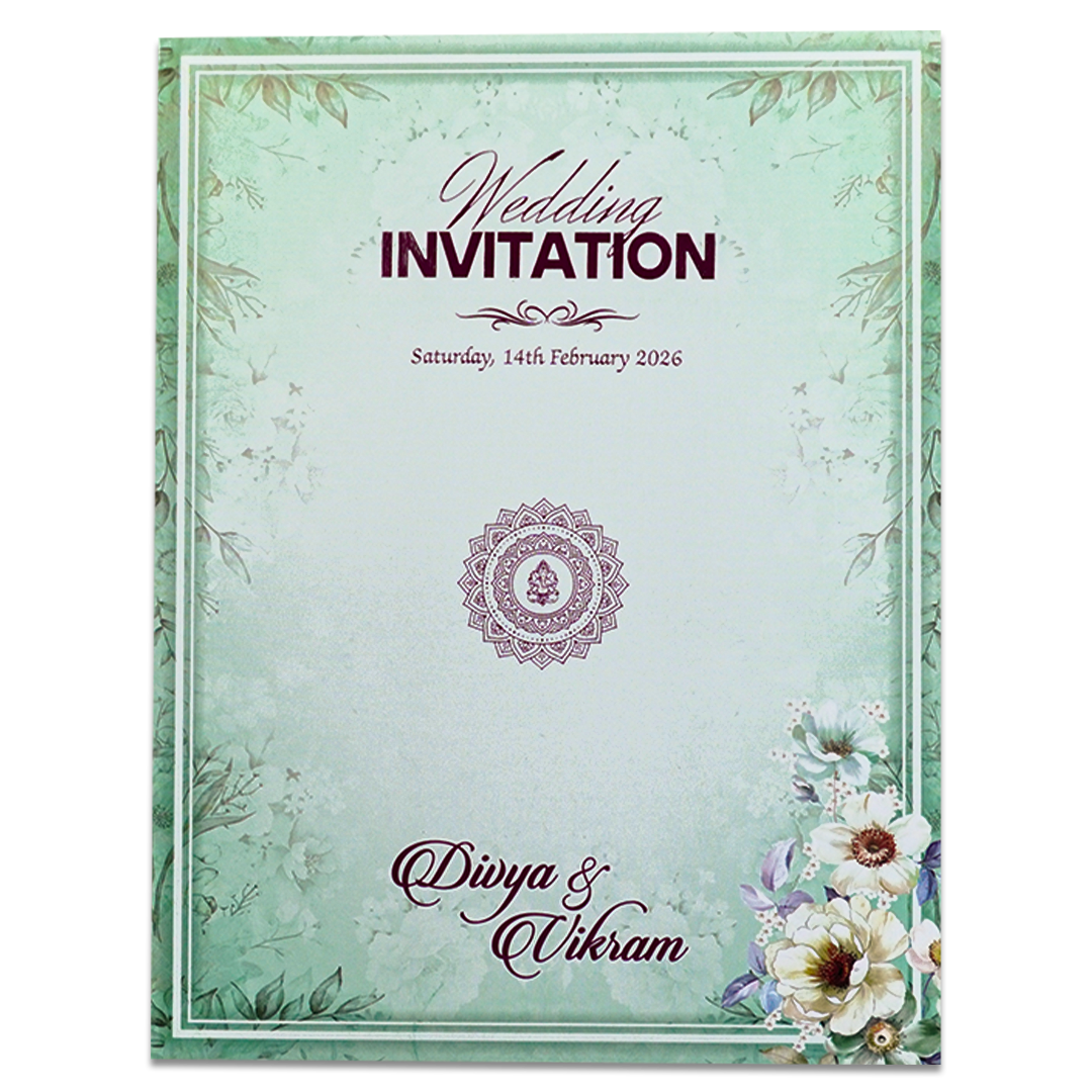 Mint Green Floral Laser Cut Wedding Card-KNNO7401