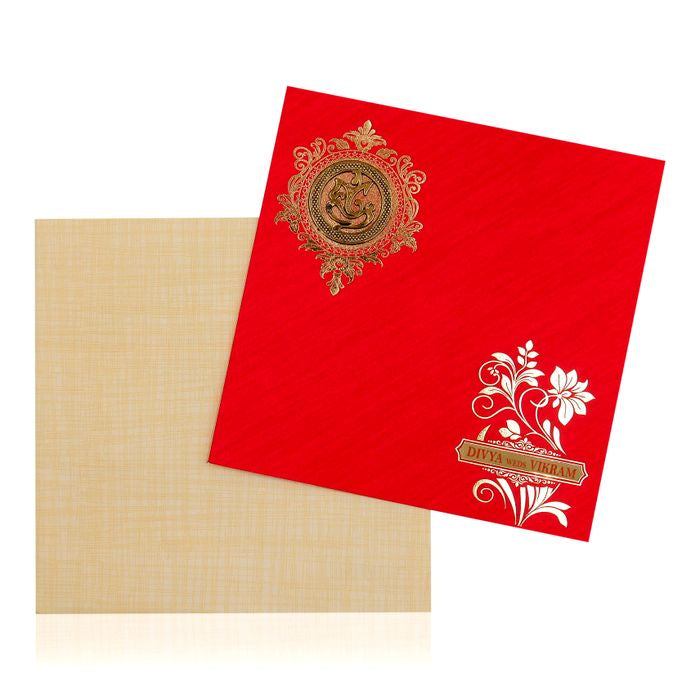 Red Wedding Invitation Card With Name Plate And Ganesha Sticker-KNBP901R-King of Cards