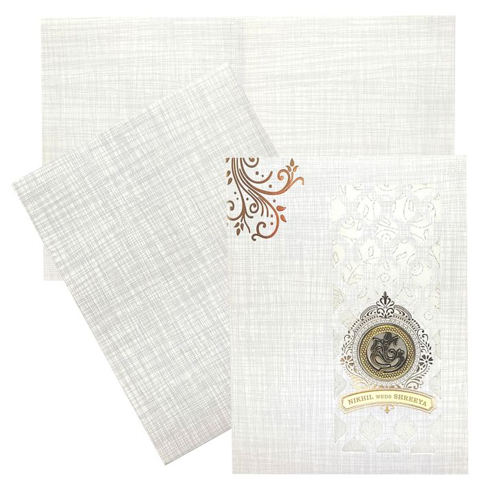 Grey Floral Metallic Wedding Card With White Wolly And Name Plate-KNK7030G-King of Cards