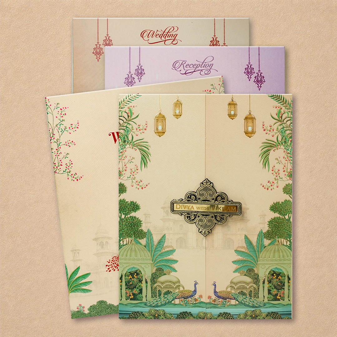 Pink Padded Peacock Palace Wedding Card-KNKN6320