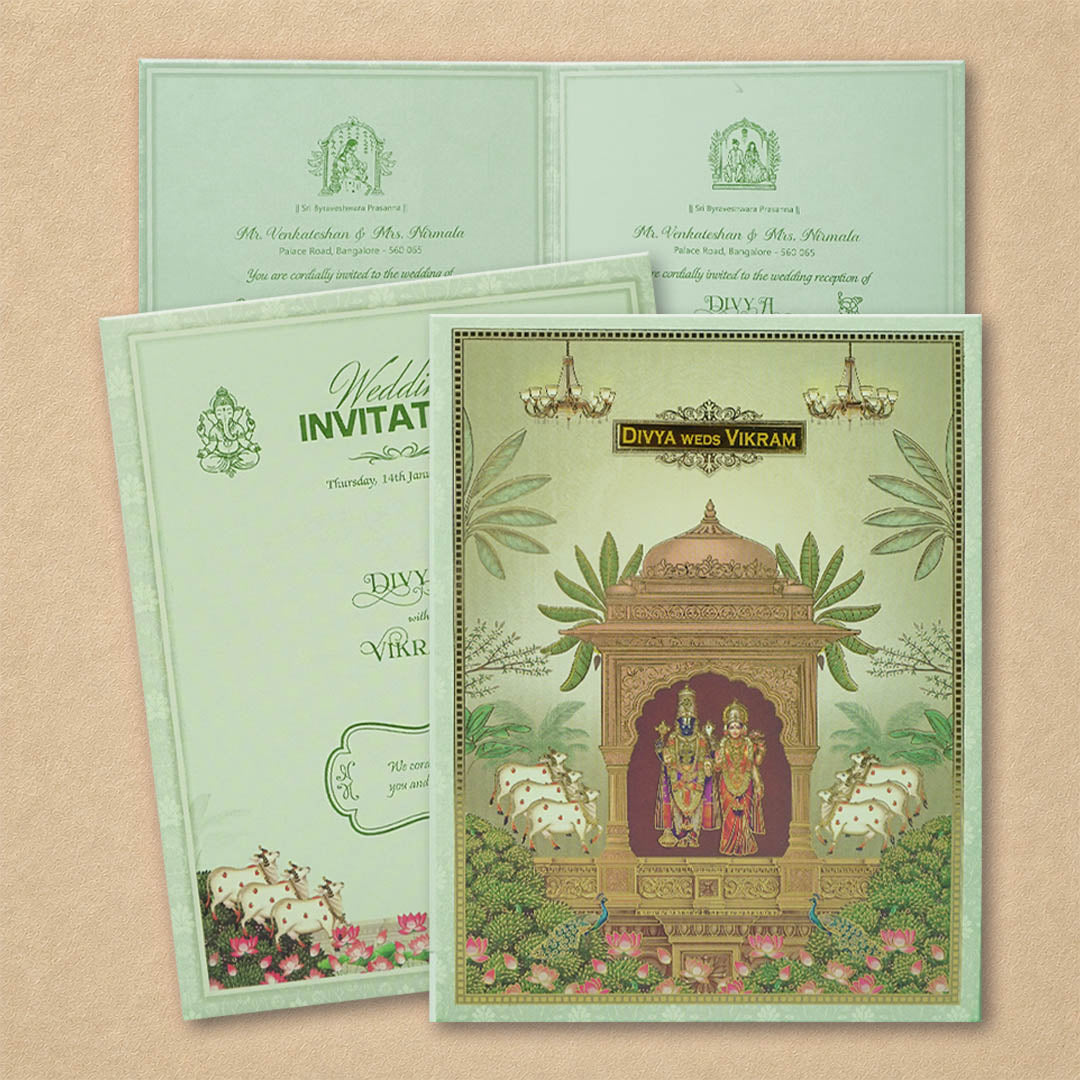 Green Floral Lord Balaji Padmavathi Wedding Card-KNKJ1158