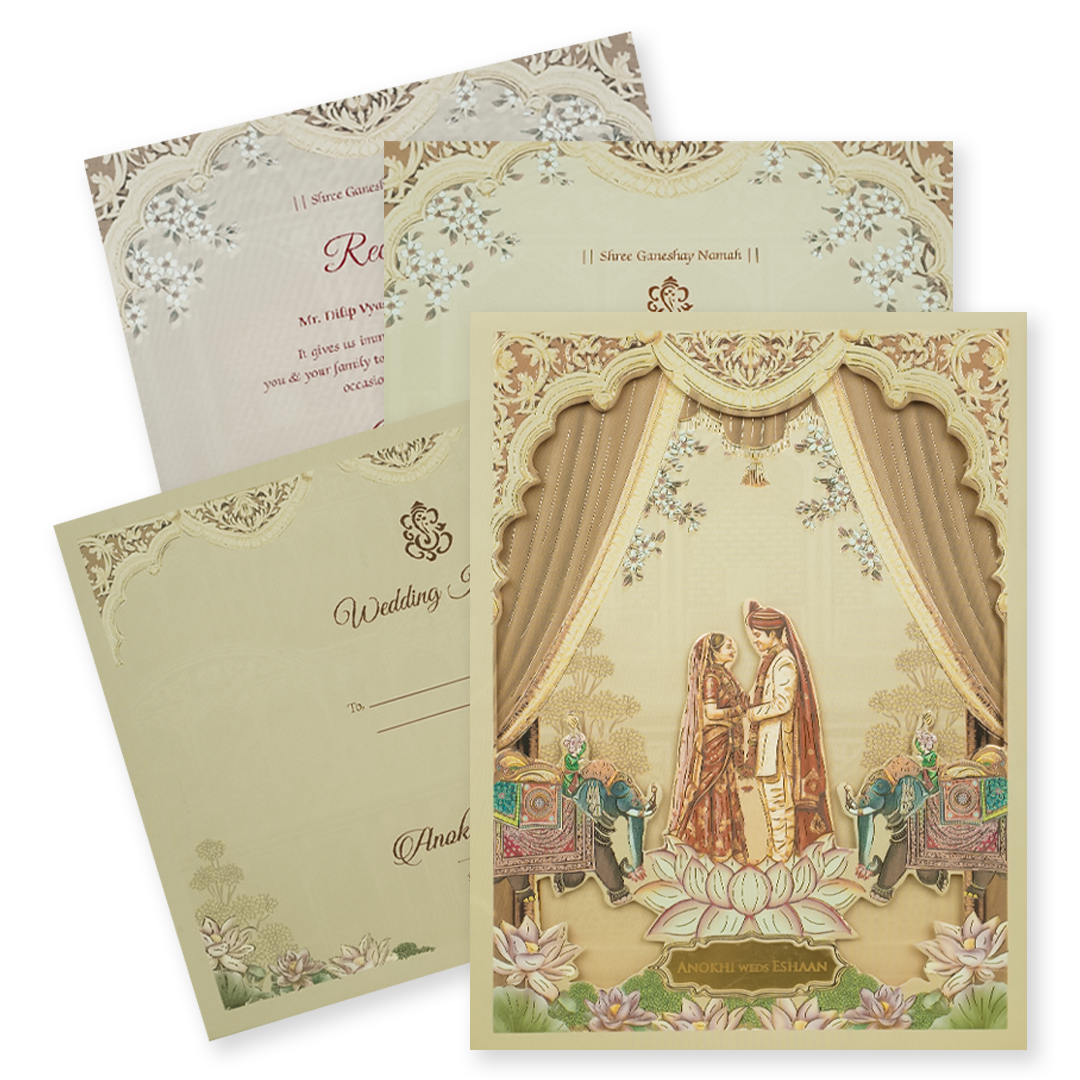 Check out Cream Royal Laser Cut Padded Wedding Card at best price.✅WhatsApp Support ✅Express Delivery.|King of cards.