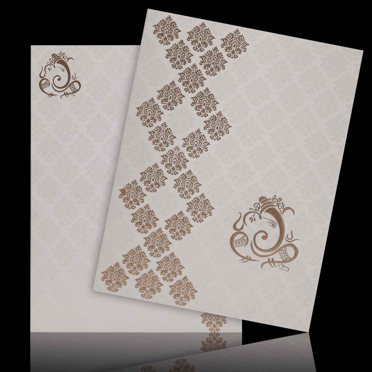 Gold Foiling Embossed Ganesha With White Shading Wedding Card - KNK1145