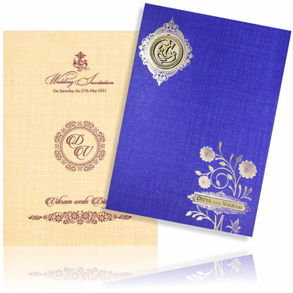 Blue Metallic Floral Print And Ganesha With Gold Foiling-KNCM819B