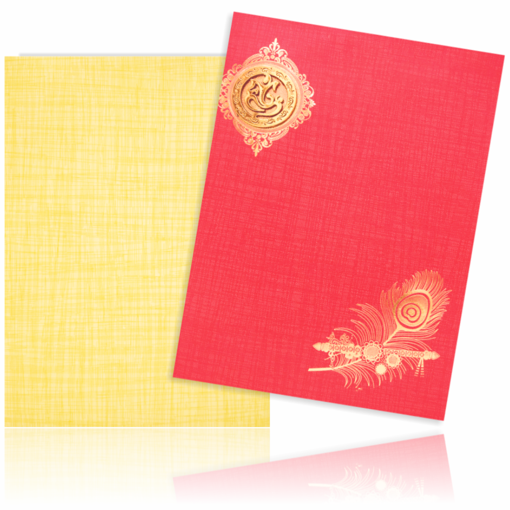 Red Classic Paper Print Peacock Feather With Flute Wedding Card-KNCP811R