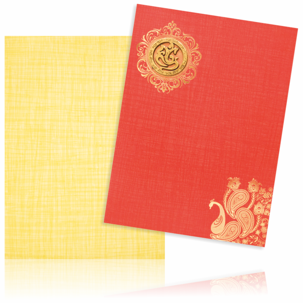 Red Classic Paper Print Peacock Print And Ganesha Sticker Wedding Invitation Card-KNCP812R