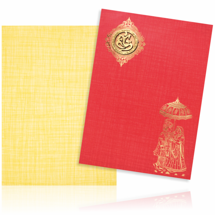 Red Classic Paper Print Bride And Groom Wedding Card With Ganesha Emblem-KNCP814R-King of Cards