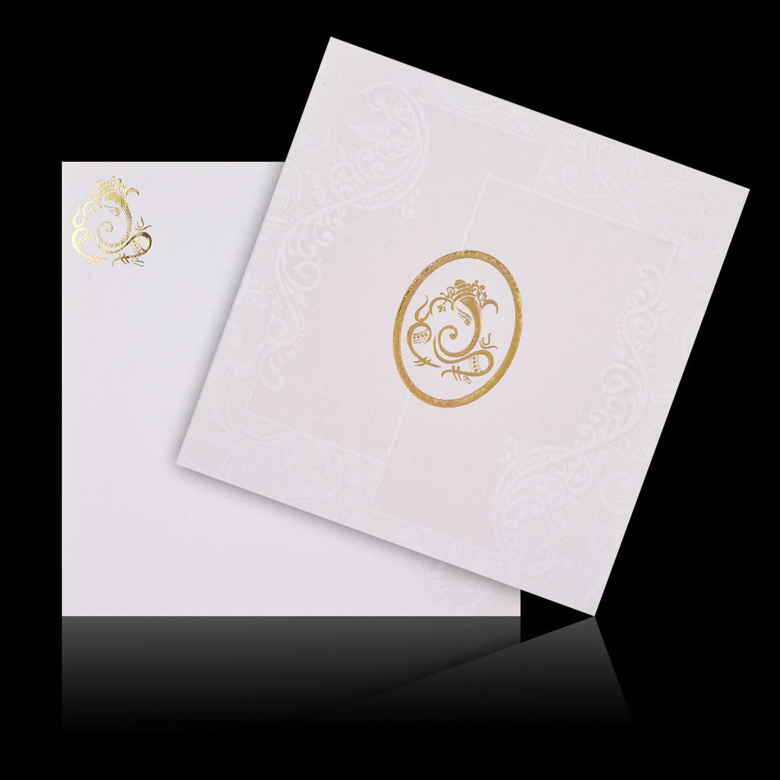 Gold Foiling Embossed Ganesha With Pristine White Shading Wedding Card - KNK08190