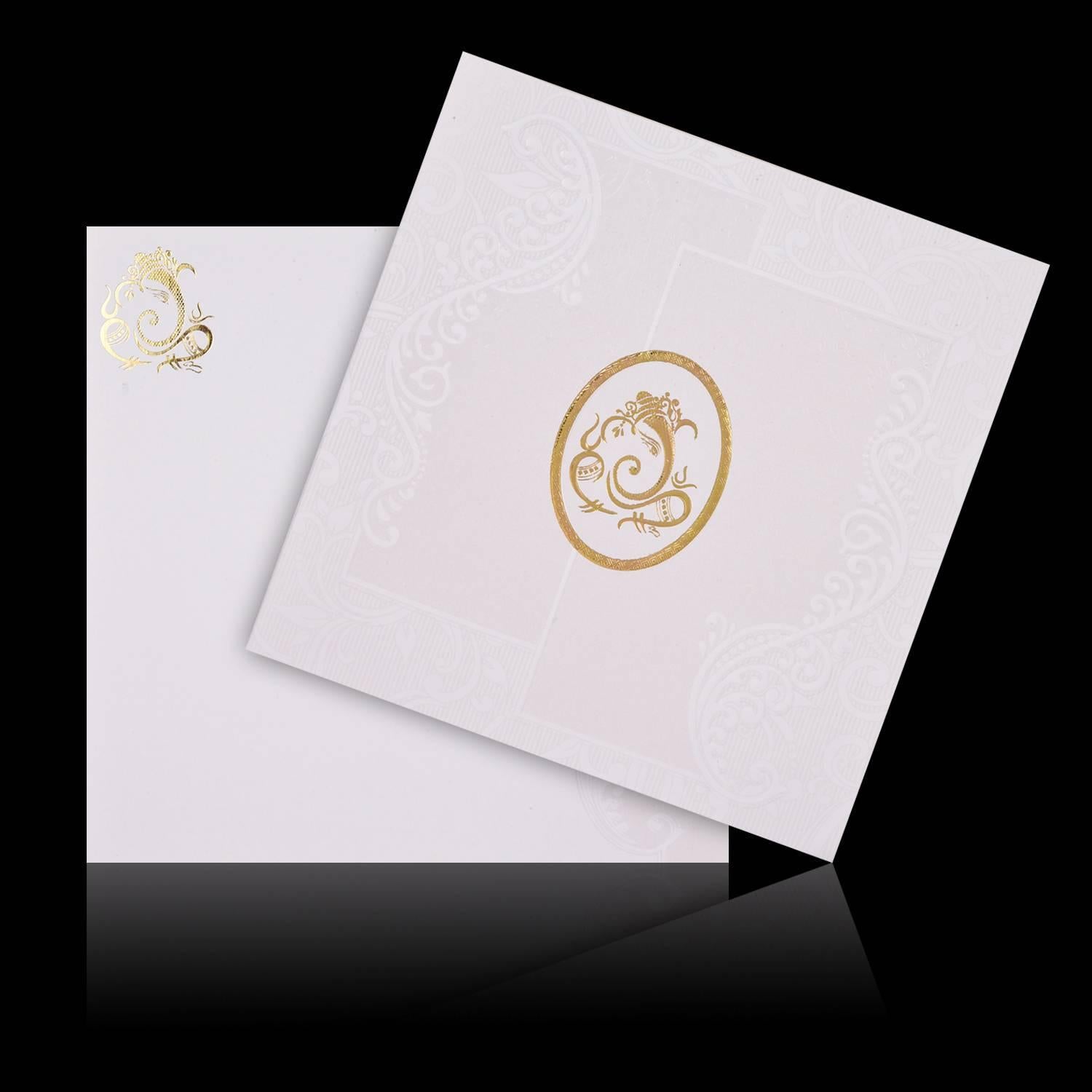 Gold Foiling Embossed Ganesha With Pristine White Shading Wedding Card - KNK08190
