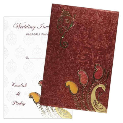 Invitation Card - Attractive Peacock and Hindu Lord Ganesha Card in Metallic Bronze-KNK1406-King of Cards