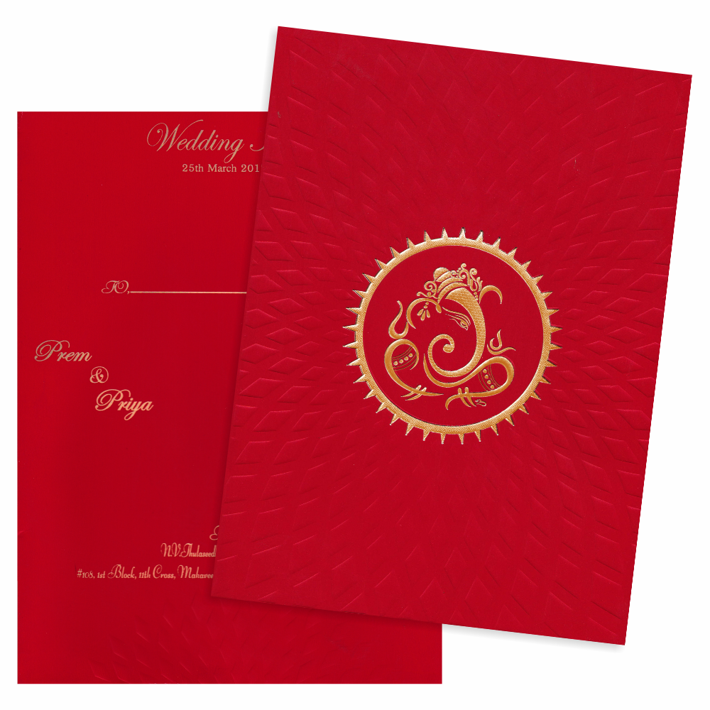 Royal Red Shading With Embossed Design Wedding Card - KNK2048
