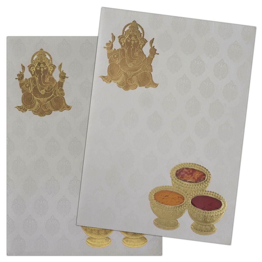 Artistic White Shading With Gold Foiling Ganesha Design Padded Wedding Card - KNK2170