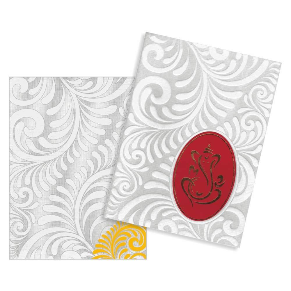 White Floral Red Ganesha Wedding Card-KNK2299