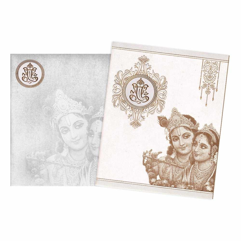 Invitation Card - Designer White Ganesha Radha Krishna Card - KNK2447