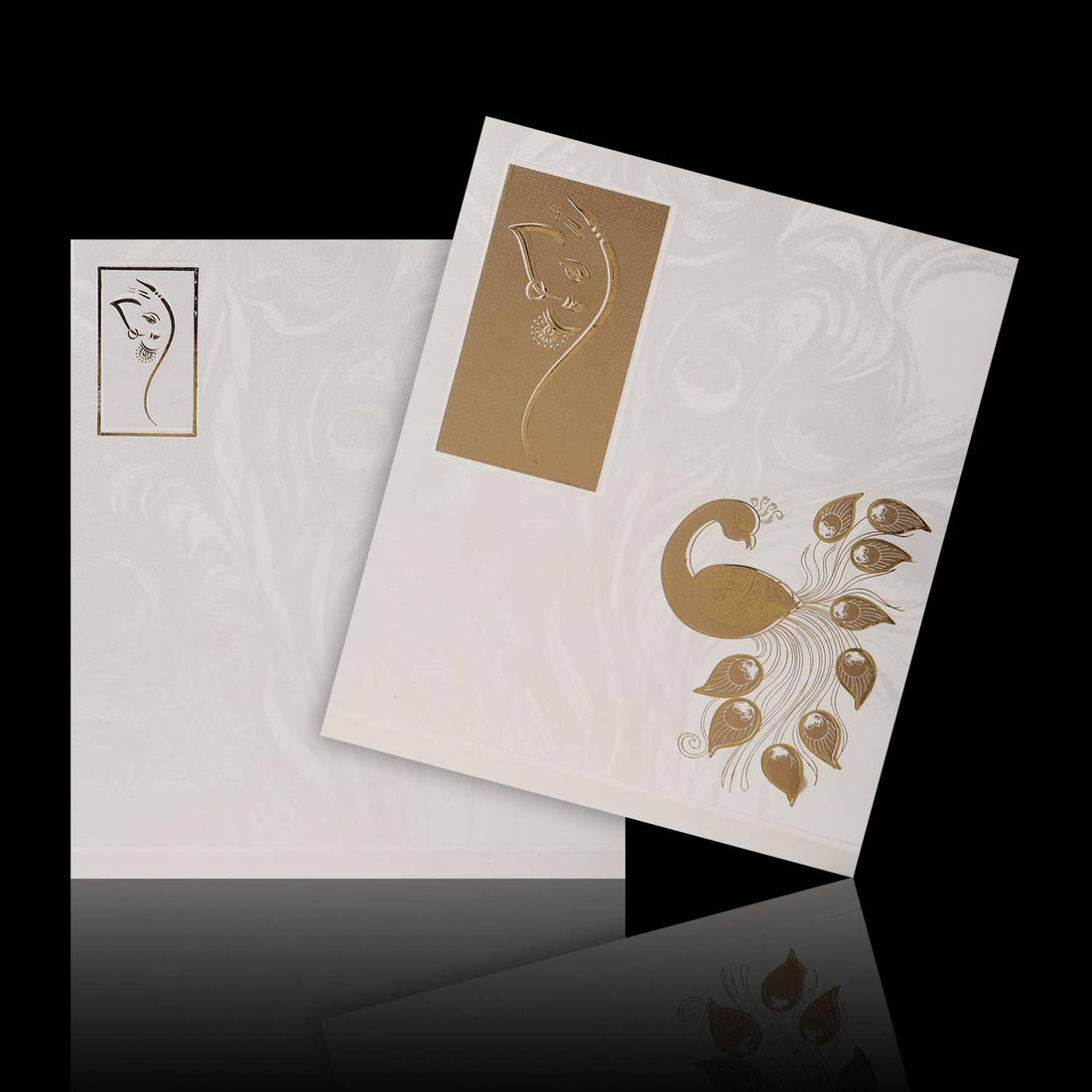 Gold Foiling Ganesha With Peacock Theme Wedding Card - KNK2778