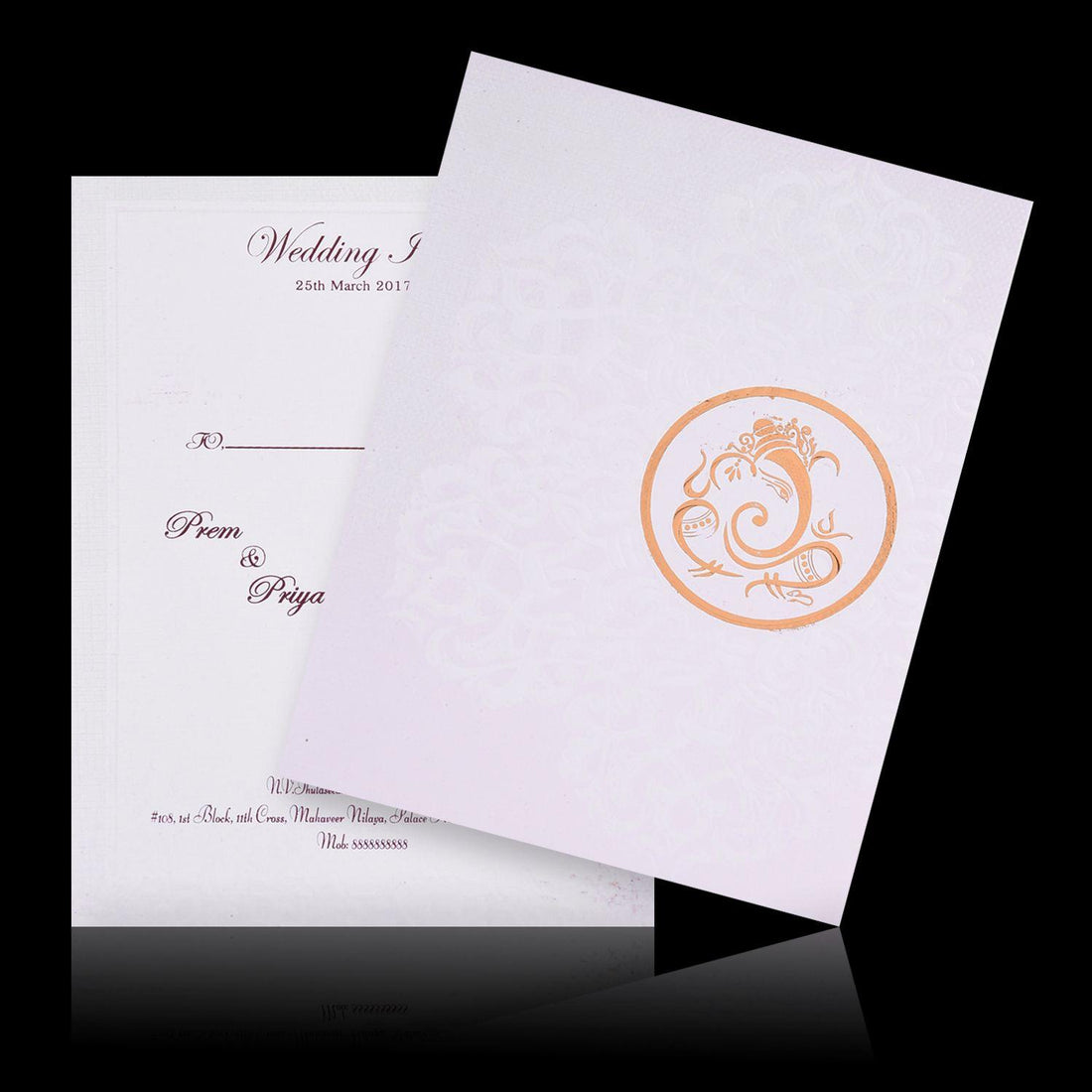 Gold Foiling Embossed Ganesha With White Shading Wedding Card - KNK3290