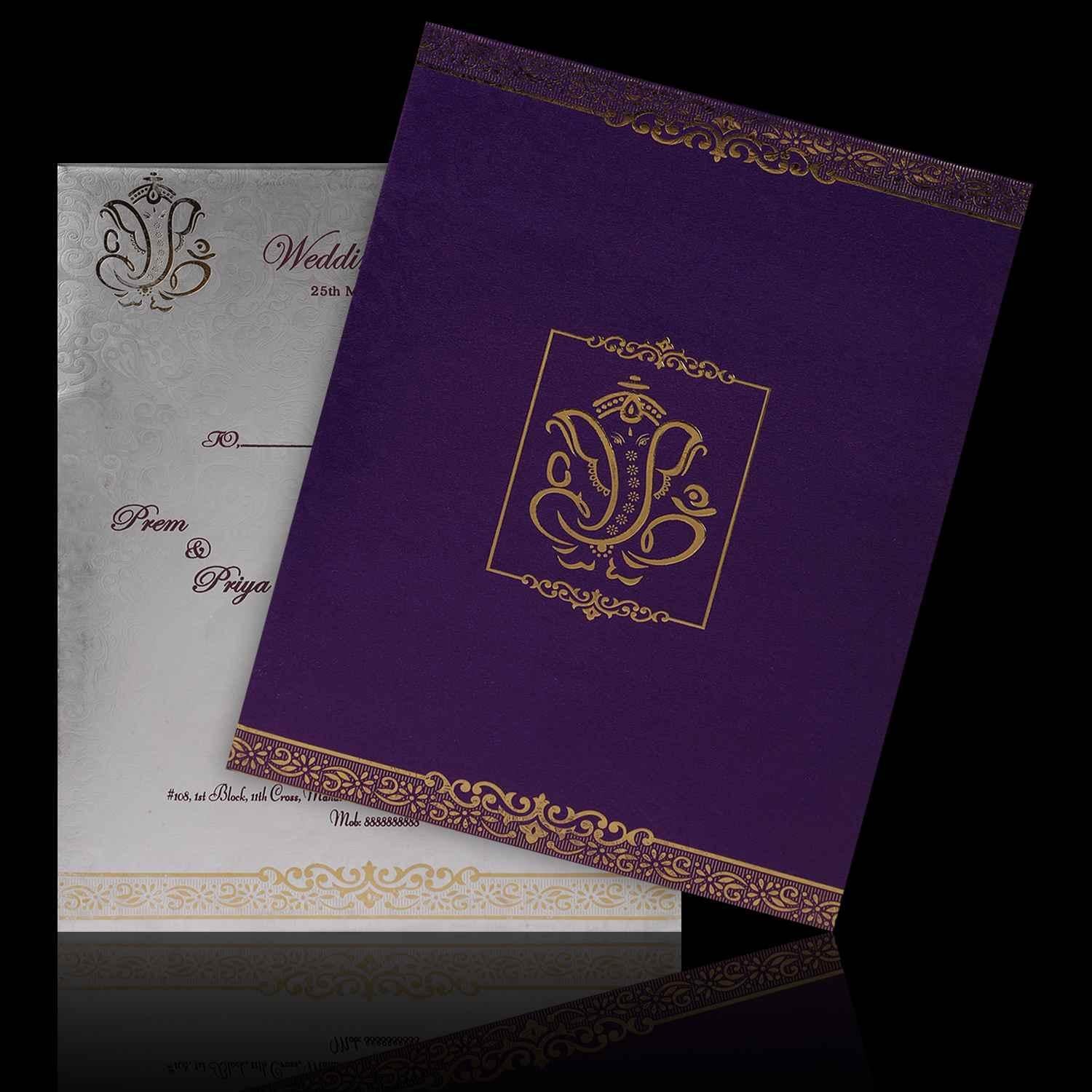 Endearing Violet Shading With Ganesha Theme Wedding Card - KNK3484