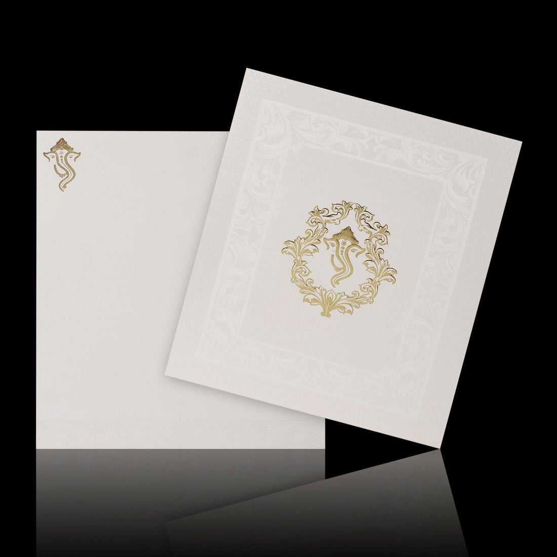 Pristine White Shading Flower Design With Ganesha Theme Wedding Card - KNK4255