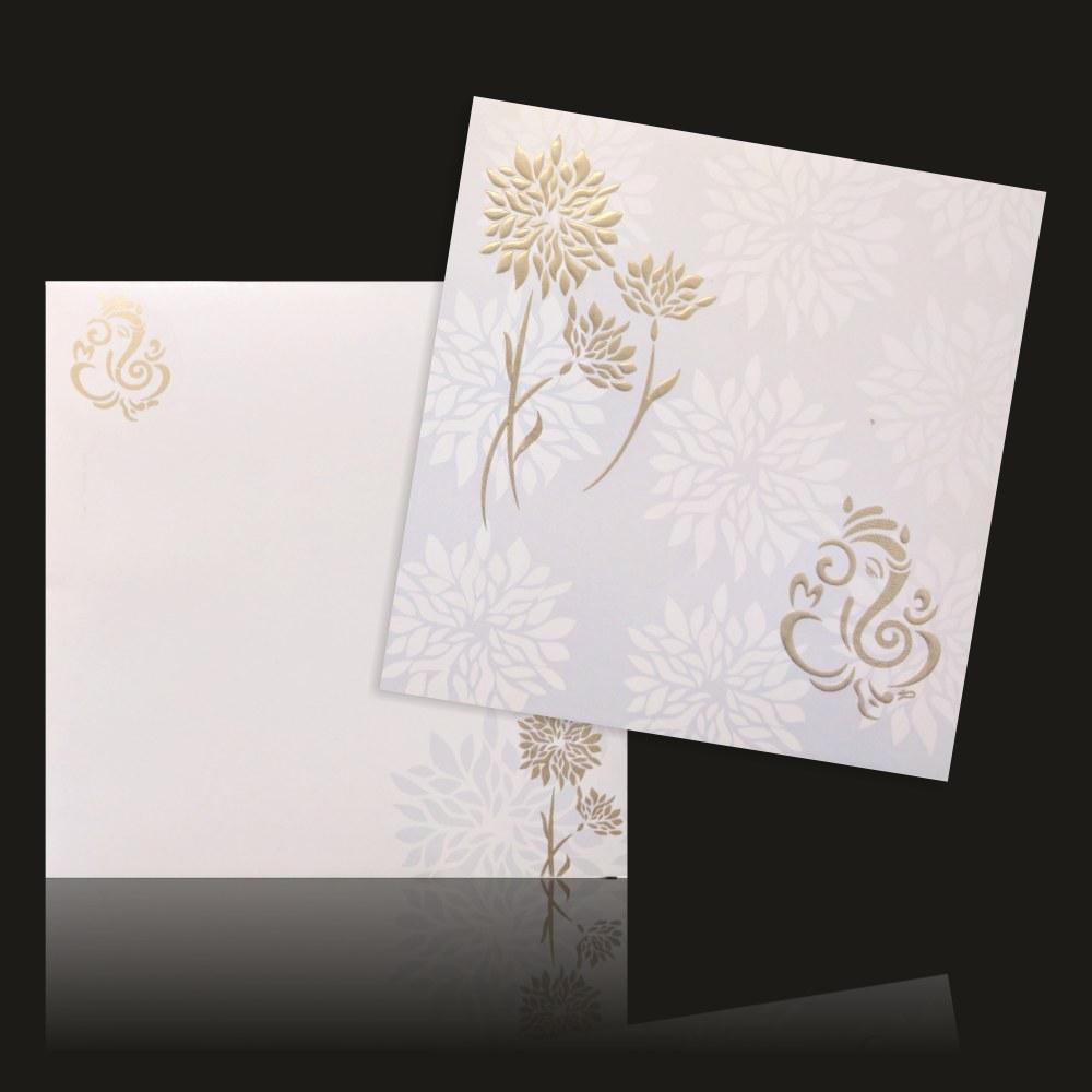 Glossy Flower White Color Ganesha Wedding Card - KNK43261