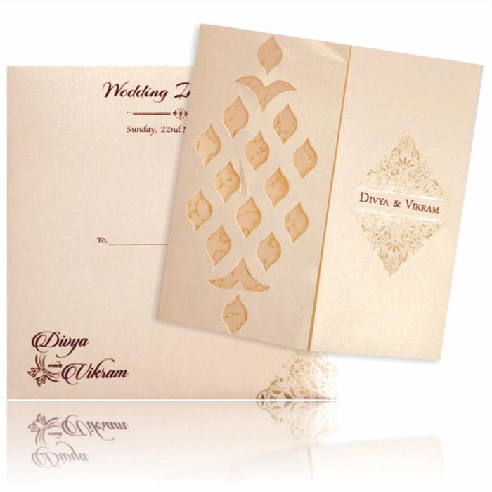 Cream Metallic Laser Cut Invitation With Sandal Wolly Foil-KNK4344C-King of Cards