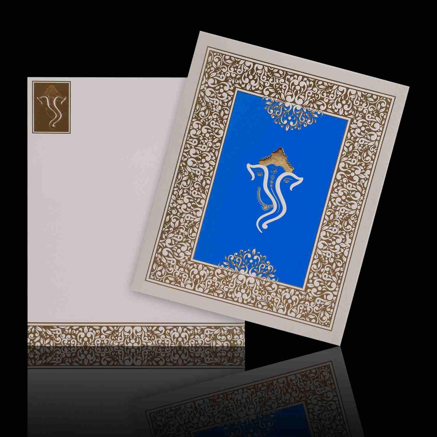 Beautiful Ganesha With Blue Shading Wedding Card - KNK4583