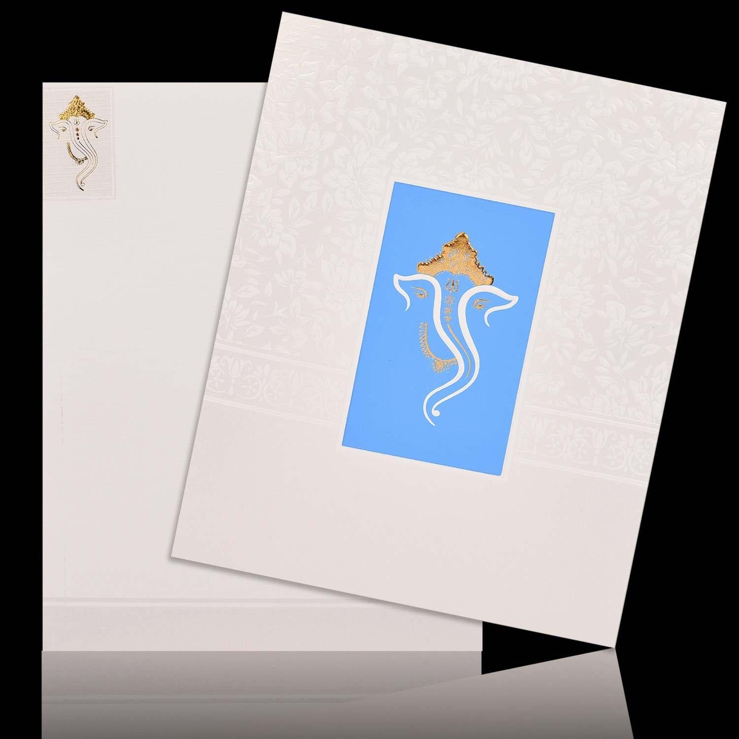 Unique Ganesha Design With Blue Back Drop Wedding Card - KNK4754