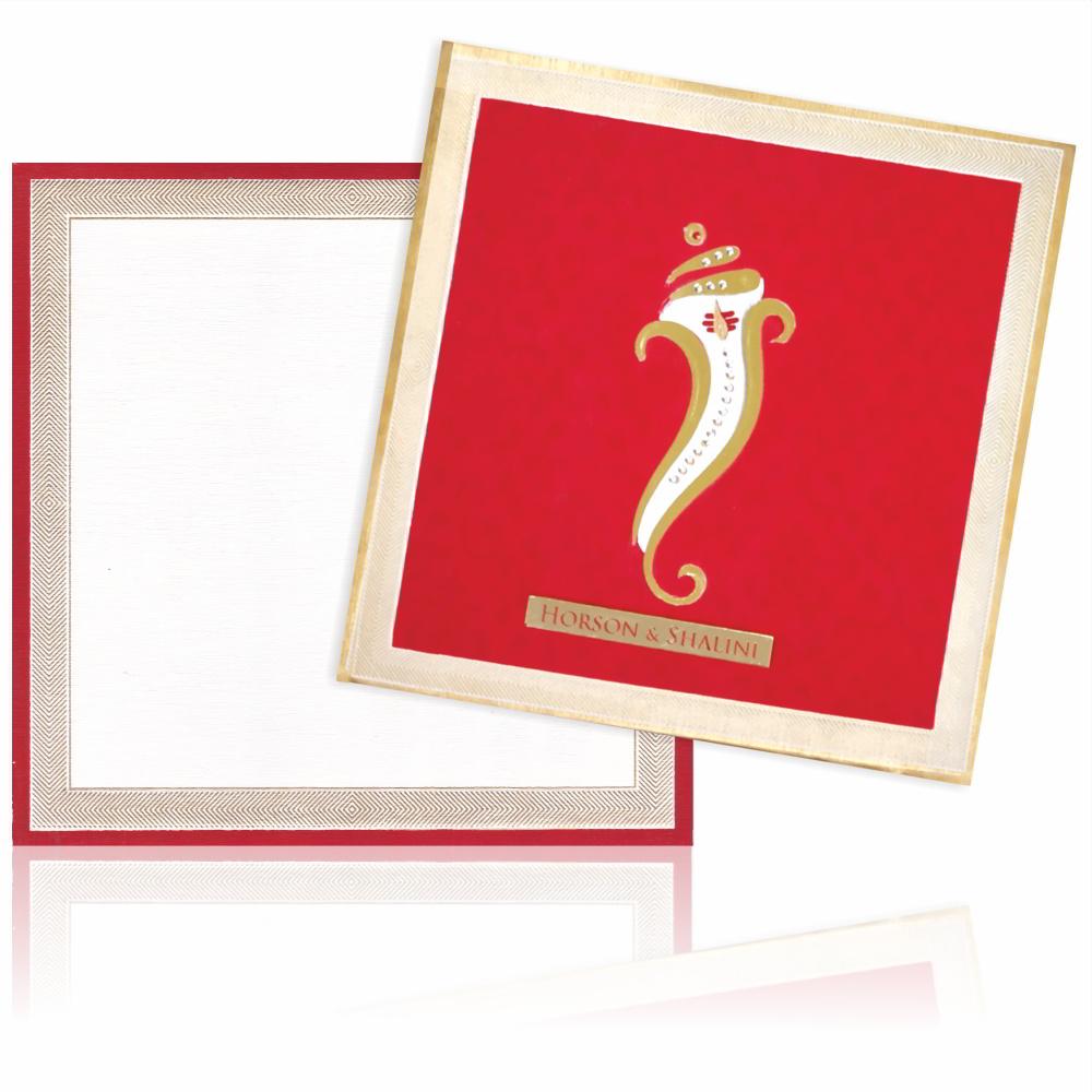 Royal Red Shading With Cut Ganesha Padded Wedding Card - KNKZ0676