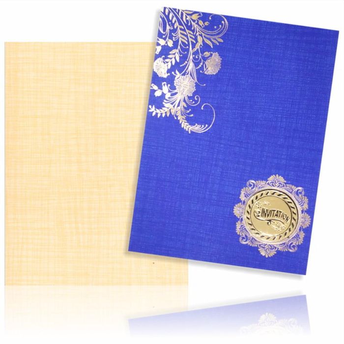 Blue Prince Paper Floral Design in Gold With Round ganesha Sticker wedding Card-KNPM708B-King of Cards