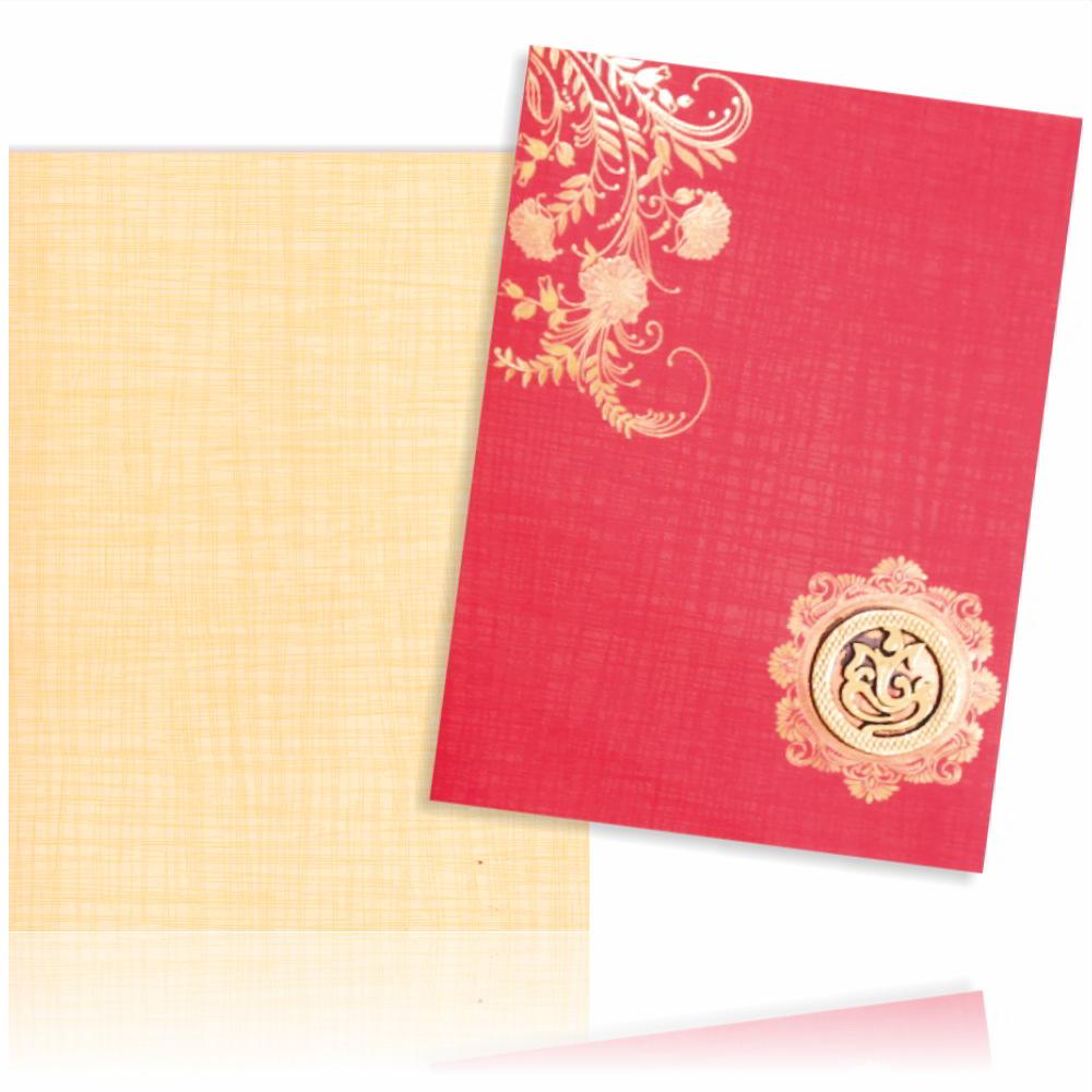 Red Prince Paper Print Floral Design in Gold With Round Ganesha Sticker Invitation Card-KNPM708R