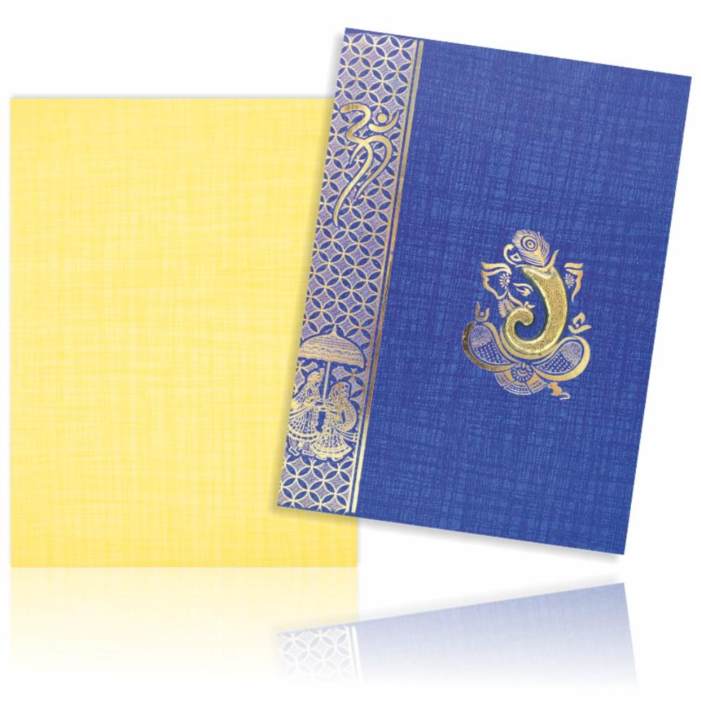 Blue Prince Paper Print Hindu Wedding Card With Gold Foiling Print Design-KNPM709B