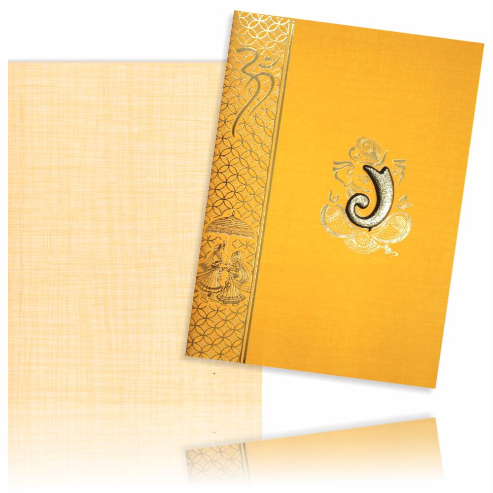 Orange Prince Paper Print Hindu Wedding Card With Gold Foiling Print Design-KNPM709O