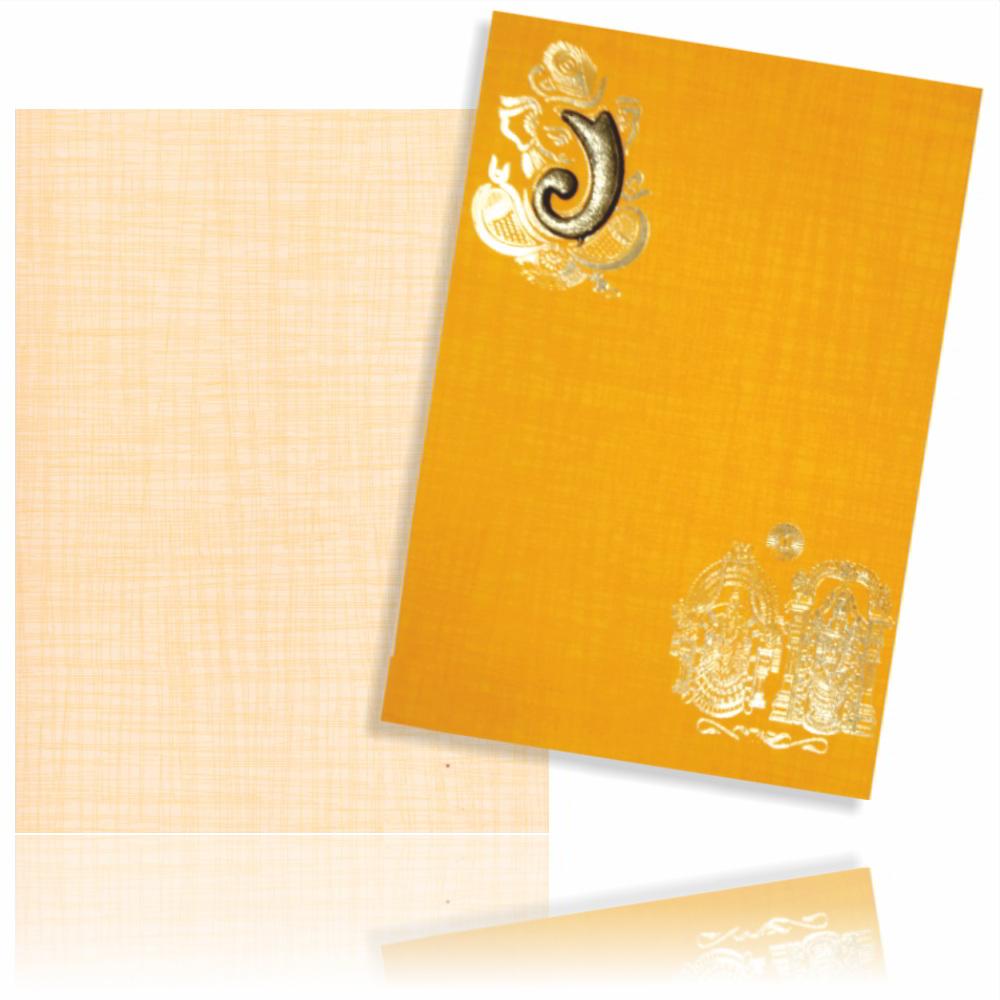 Orange Color Prince Paper Hindu Wedding Card With Balaji And Pamavathi In Gold-KNPM710O