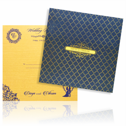 Blue Padded Satin Wedding Invitation Card With Name Plate-KNPS6505B