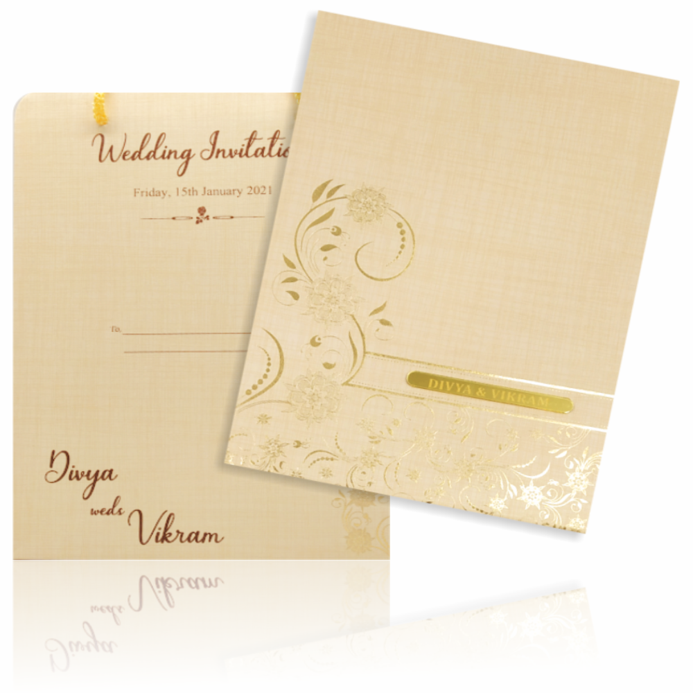 Sandal Padded Wedding Card In Floral Gold Print-KNPS9514S