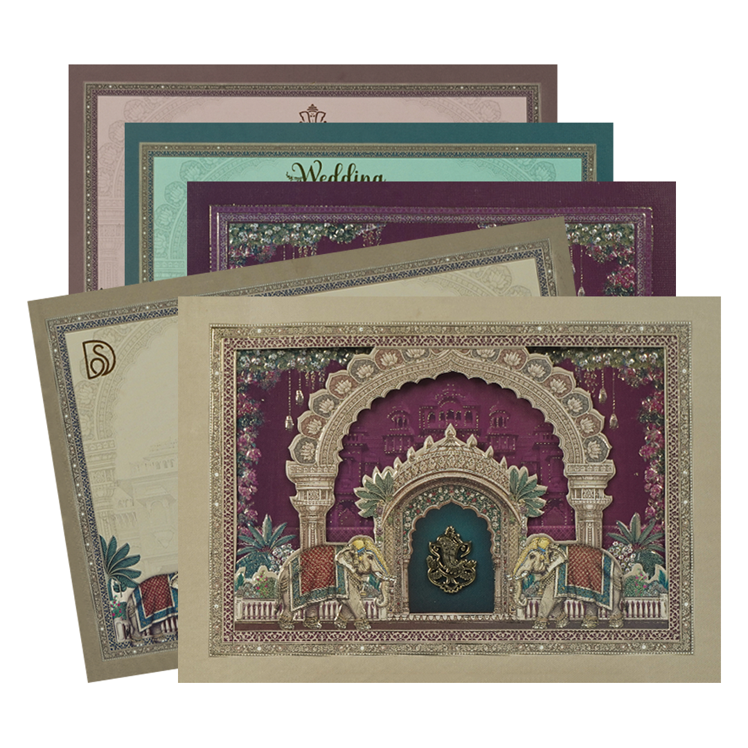 Pink Ganesha Elephant Temple Wedding Card-KSI64930