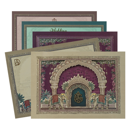 Pink Ganesha Elephant Temple Wedding Card-KSI64930